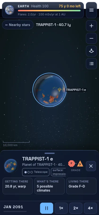 TRAPPIST-1 e, 40.7 light years away, with its travel time and what is known