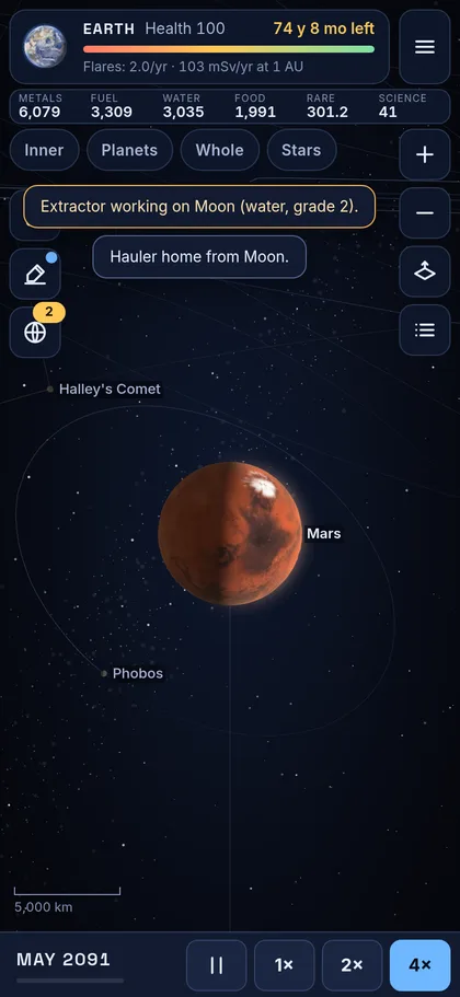 Ships in flight on the map toward Mars and the Moon